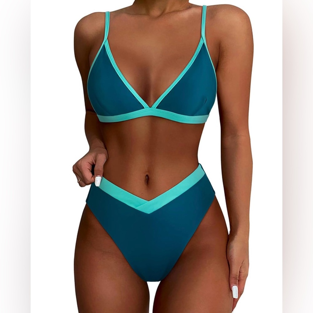 Teal Green, Aqua Blue Triangle High Cut Bikini High Waisted Swimsuit - Size M
